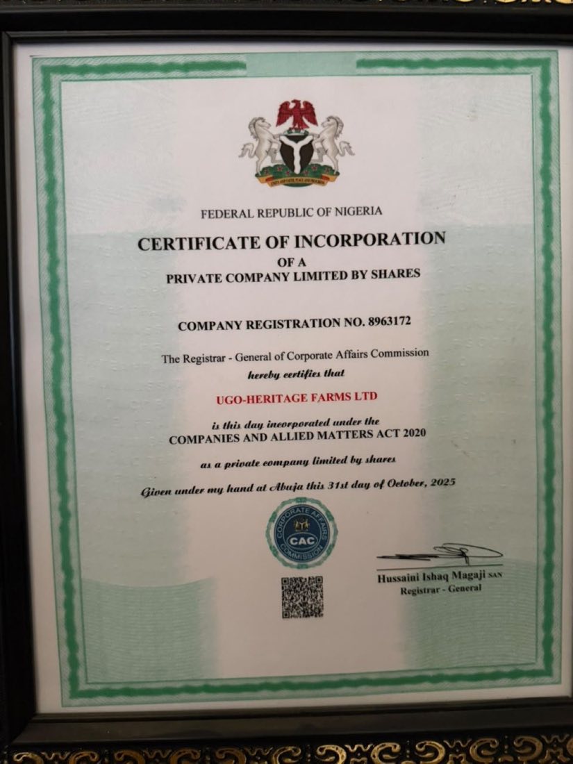 Corporate Affairs Commission certificate of incorporation for Ugo-Heritage Farms Ltd