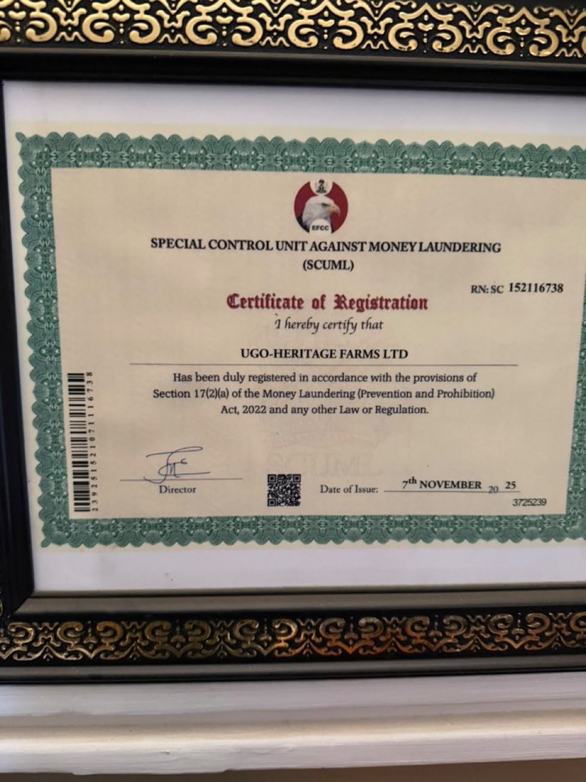 SCUML certificate of registration for Ugo-Heritage Farms Ltd